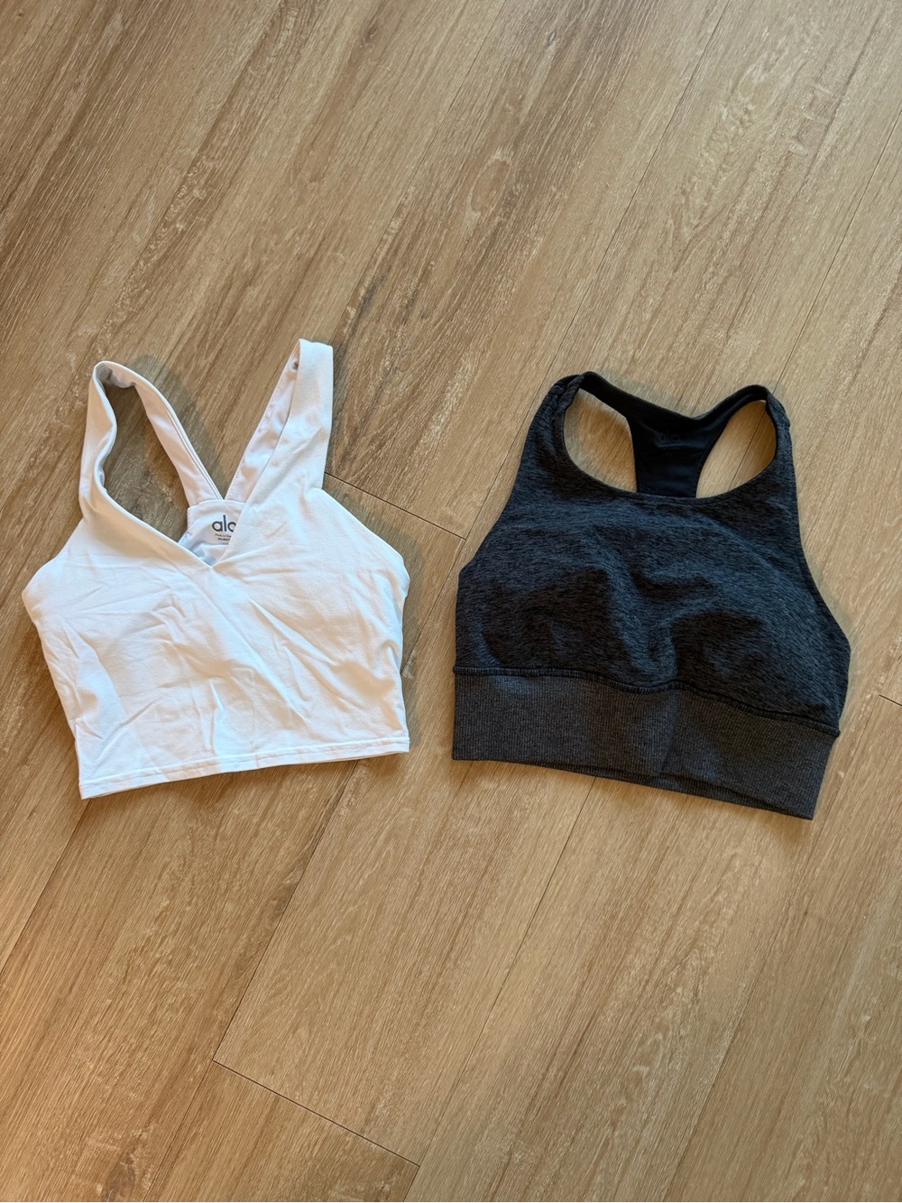 Two ALO Yoga Bra Tops - White V-Neck & Gray Cropped Sports Bra